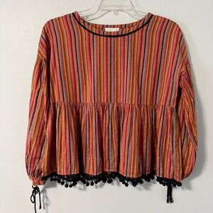 Amaryllis Anthropologie Striped Peplum Top‎ Pom Pom Trim Metallic Boho Blouse S